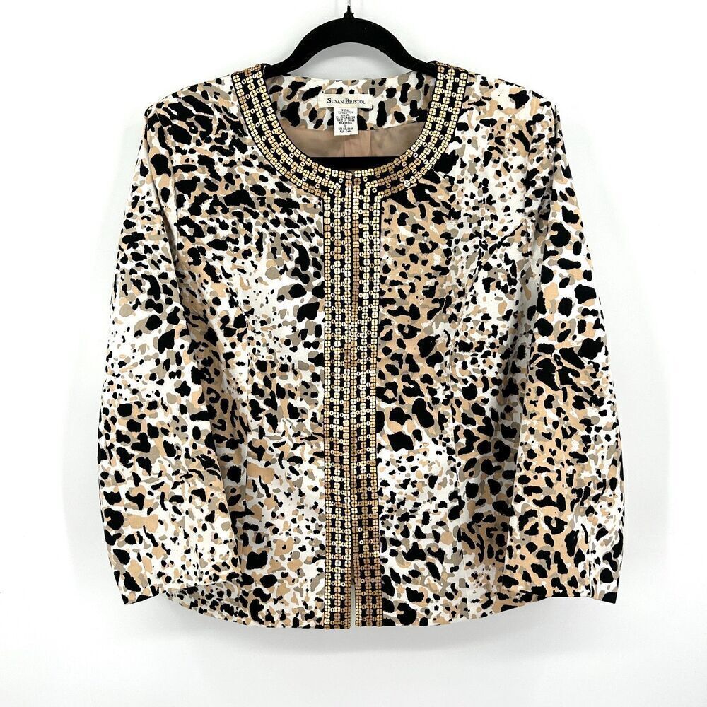SUSAN BRISTOL Brown White Gold Sequin Hook Eye Animal Print Jacket Size Large